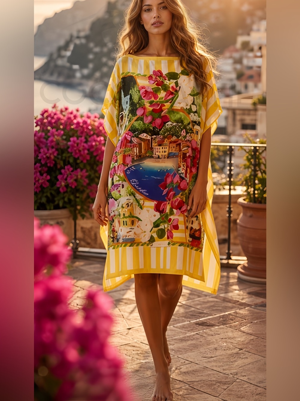 Portofino Riviera Tropical Pattern Oversized Casual Midi Dress